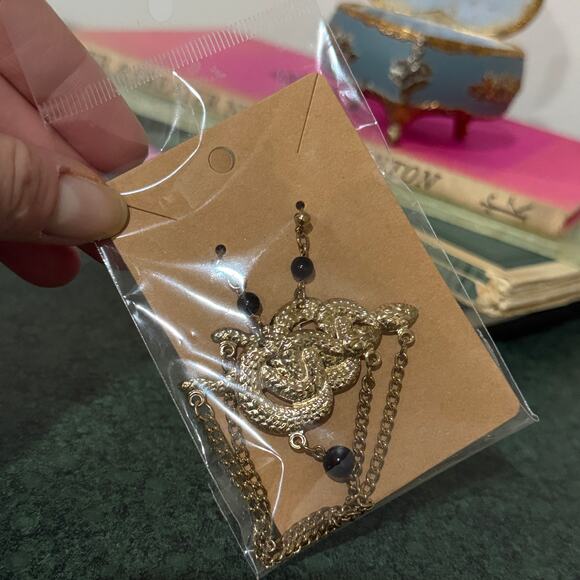 Gold Snake Statement Earrings Black Beads Asymmetrical Pair Gothic Y2K Jewelry - Picture 7 of 7